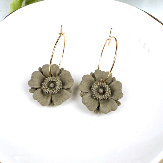 Olive Green Poppy Earrings – Handmade Clay Floral Hoops for Everyday Boho Style