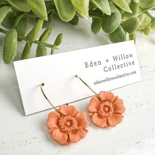 Orange Poppy Earrings – Handmade Polymer Clay Floral Hoops for Everyday Boho Style