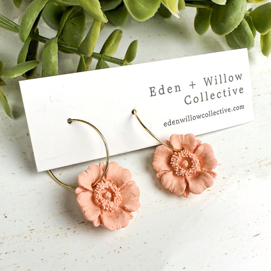 Light Pink Poppy Earrings – Handmade Polymer Clay Floral Hoops for Everyday Boho Style