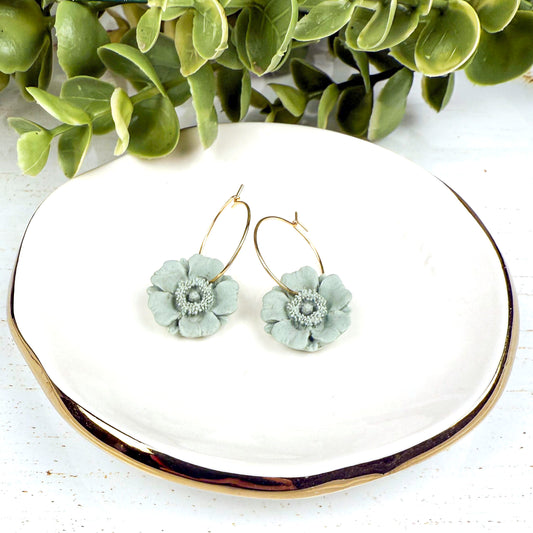 Sage Green Poppy Earrings – Handmade Clay Floral Hoops for Everyday Boho Style