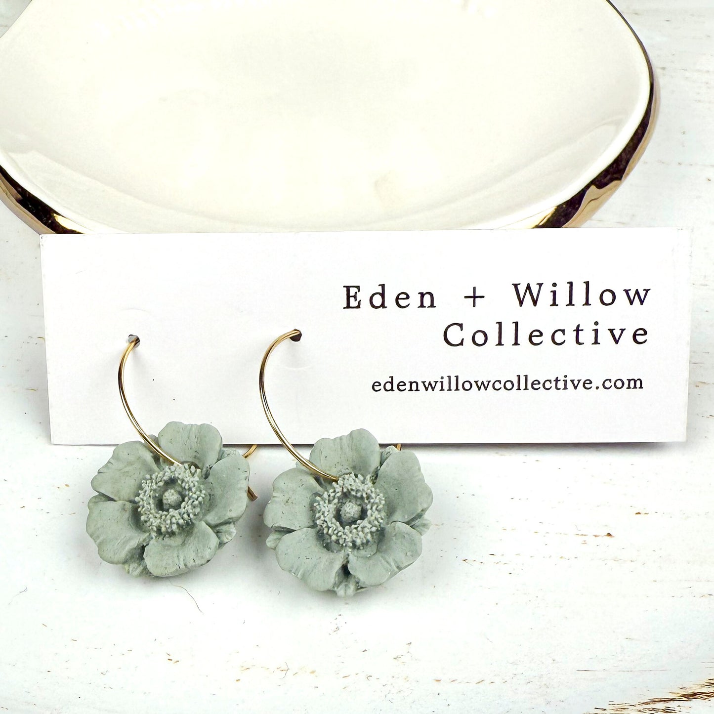 Sage Green Poppy Earrings – Handmade Clay Floral Hoops for Everyday Boho Style