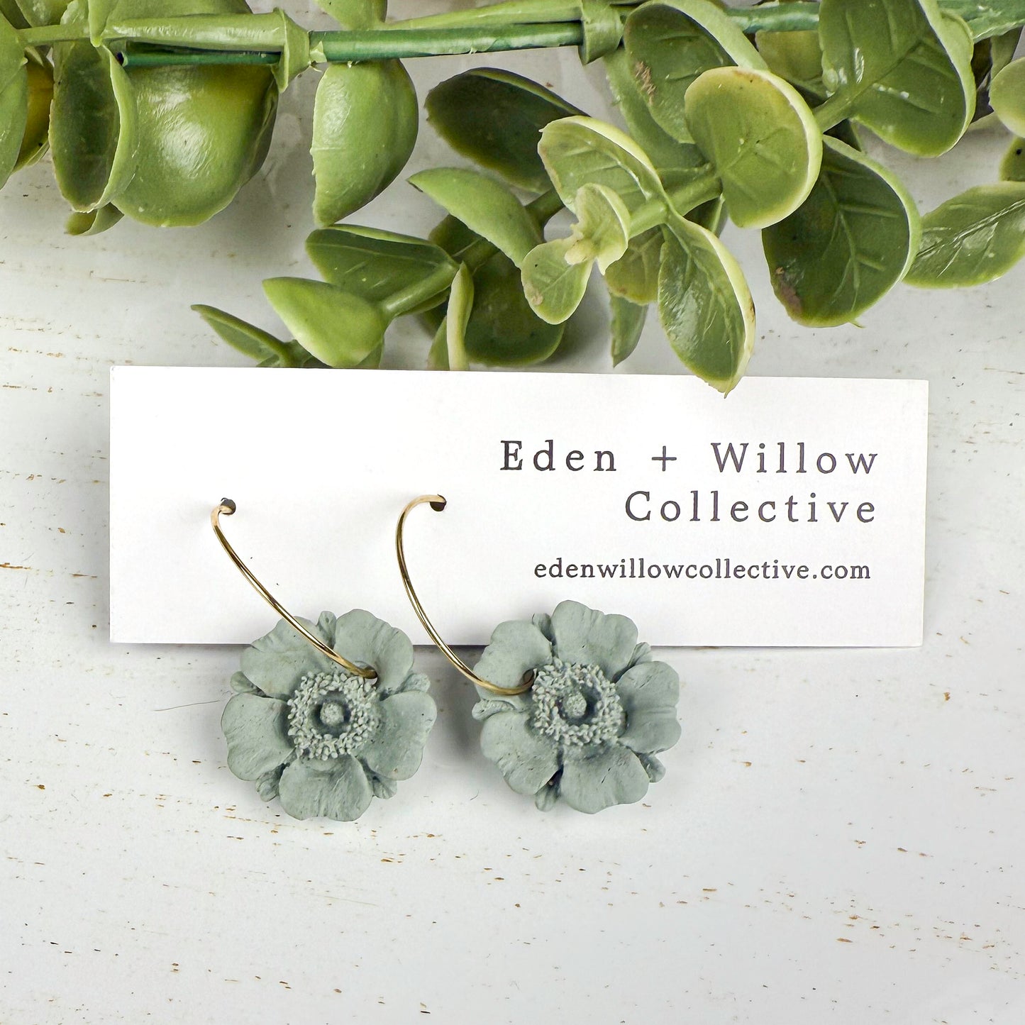 Sage Green Poppy Earrings – Handmade Clay Floral Hoops for Everyday Boho Style
