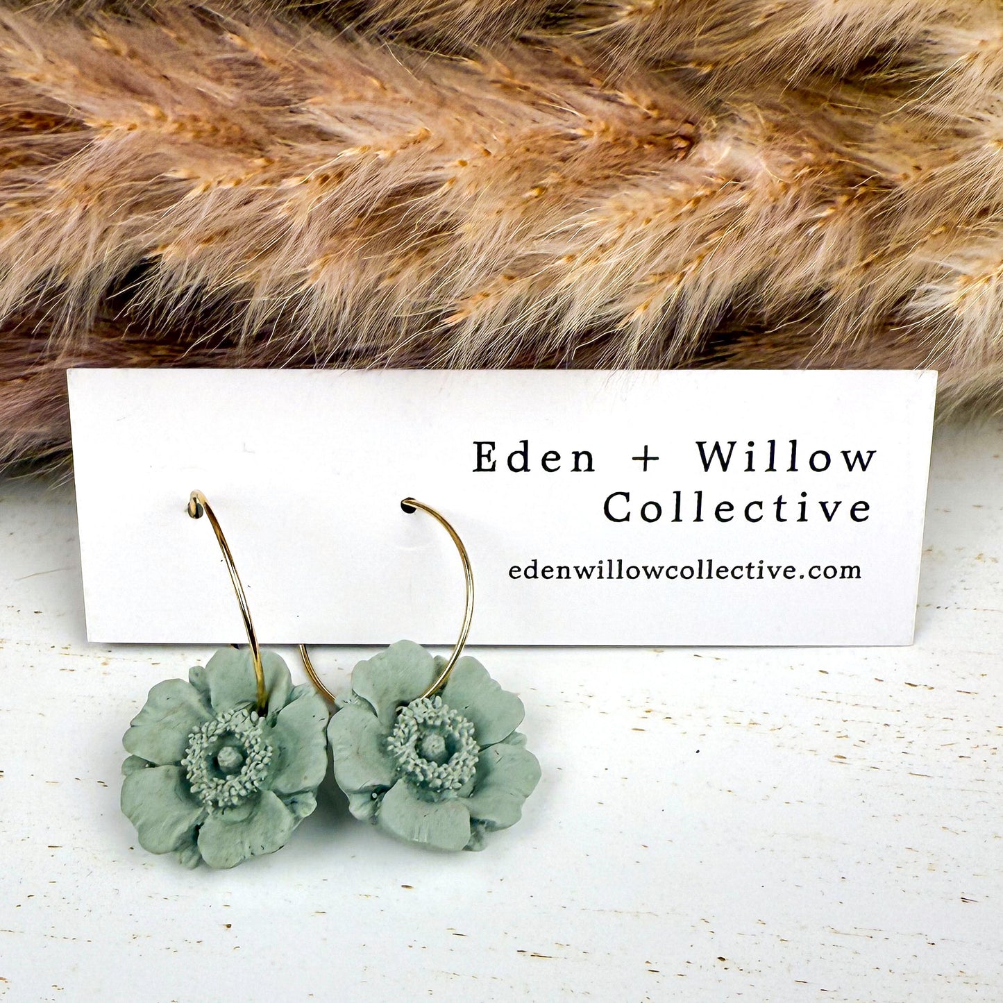 Sage Green Poppy Earrings – Handmade Clay Floral Hoops for Everyday Boho Style