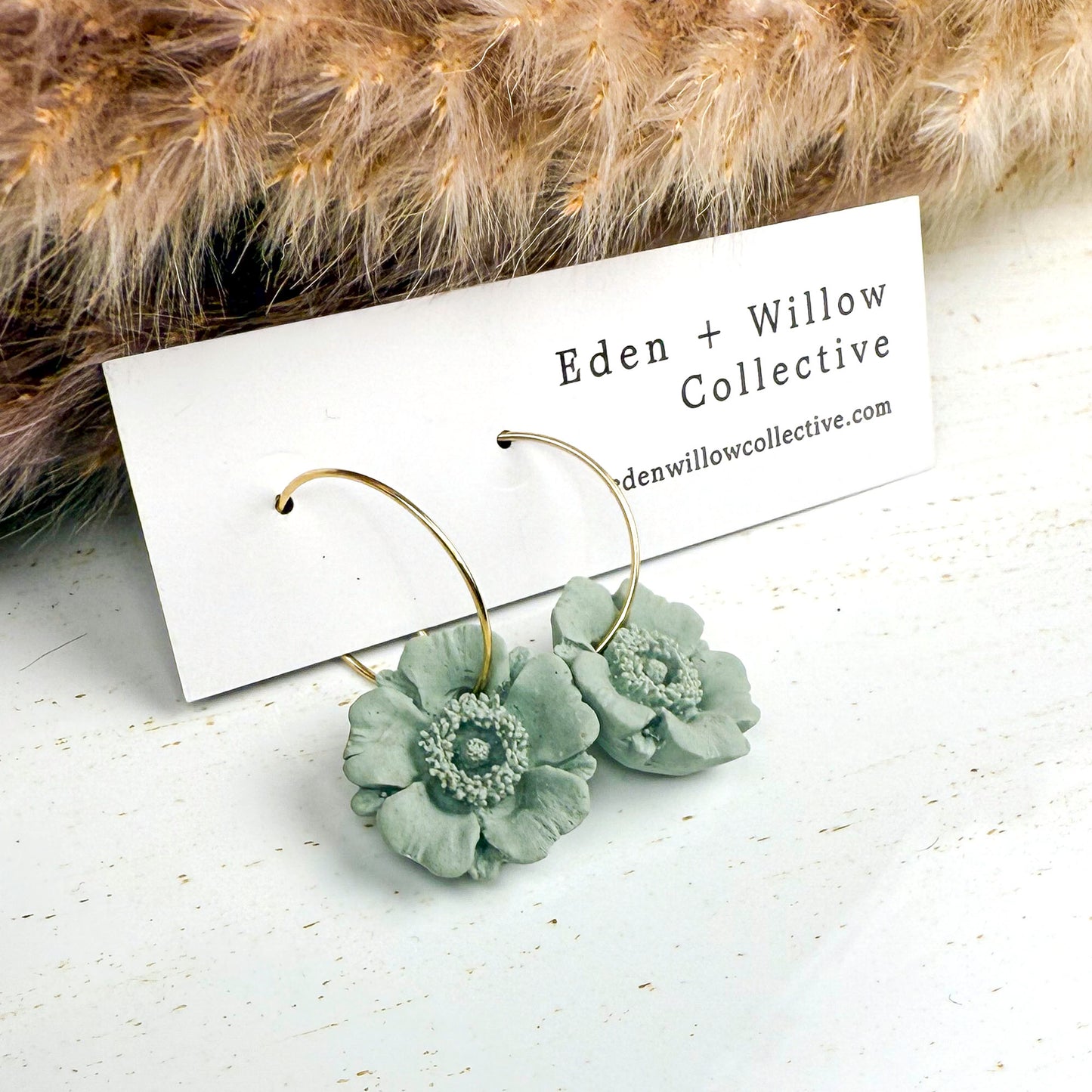 Sage Green Poppy Earrings – Handmade Clay Floral Hoops for Everyday Boho Style