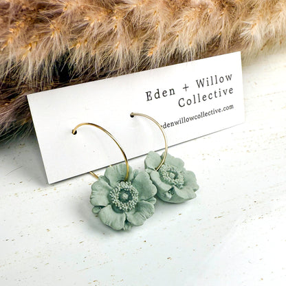 Sage Green Poppy Earrings – Handmade Clay Floral Hoops for Everyday Boho Style