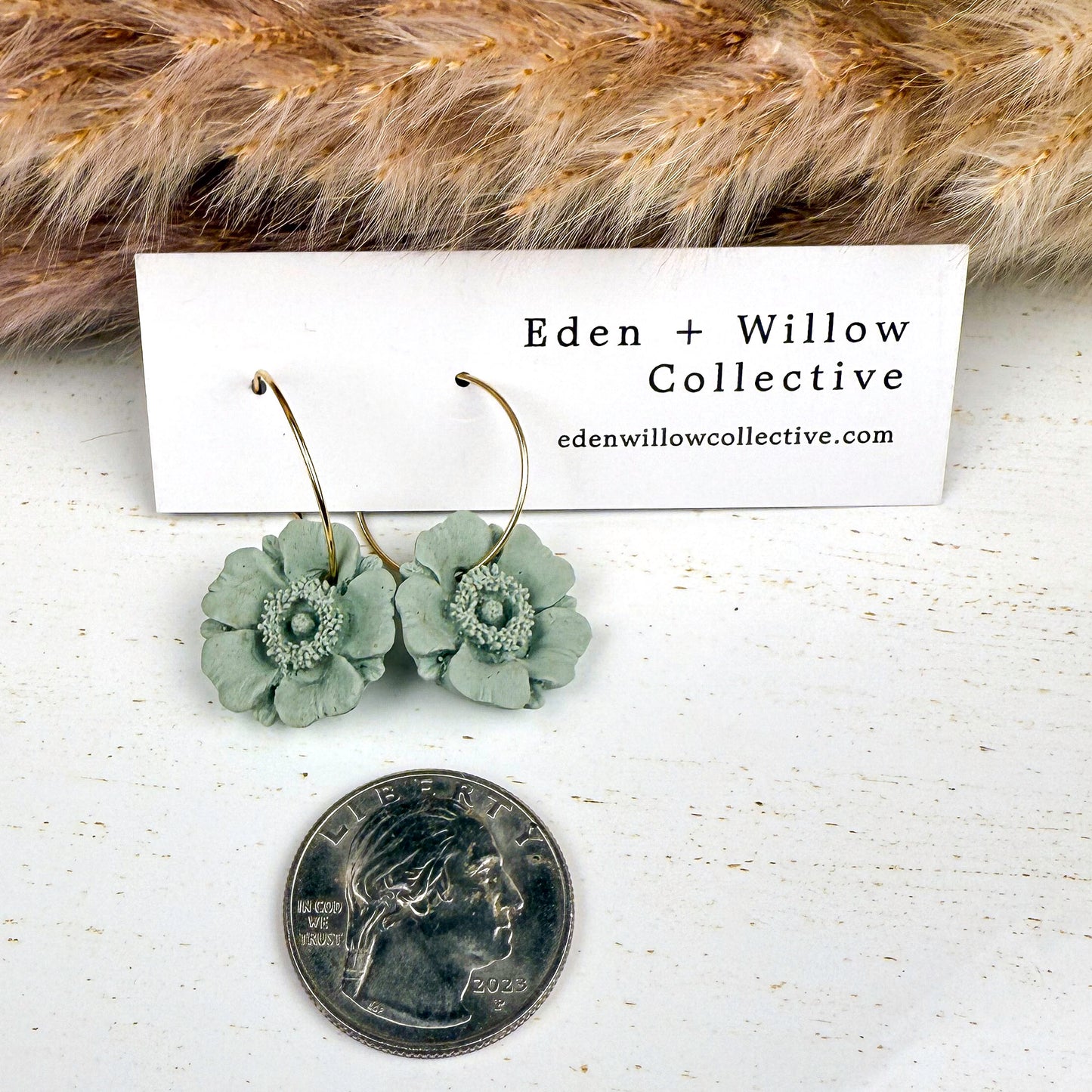 Sage Green Poppy Earrings – Handmade Clay Floral Hoops for Everyday Boho Style