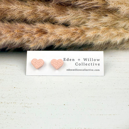 Pink Sweater Heart Stud Earrings – Handmade Polymer Clay Jewelry