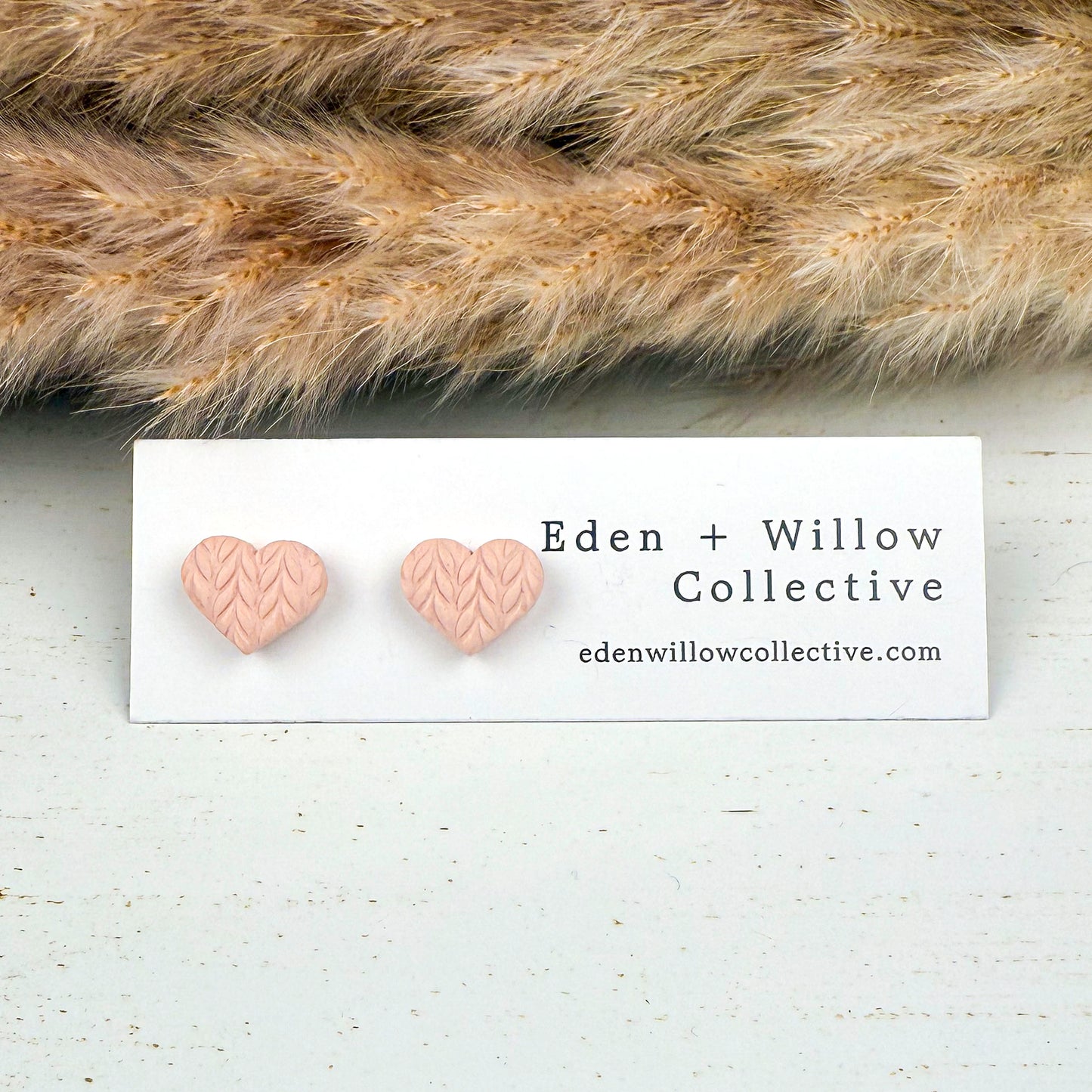 Pink Sweater Heart Stud Earrings – Handmade Polymer Clay Jewelry