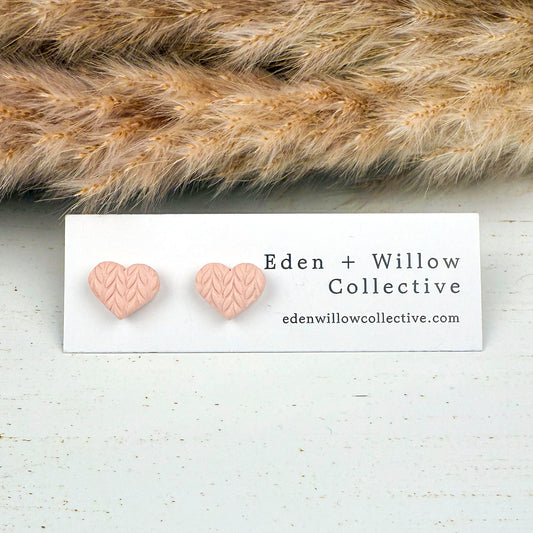 Pink Sweater Heart Stud Earrings – Handmade Polymer Clay Jewelry