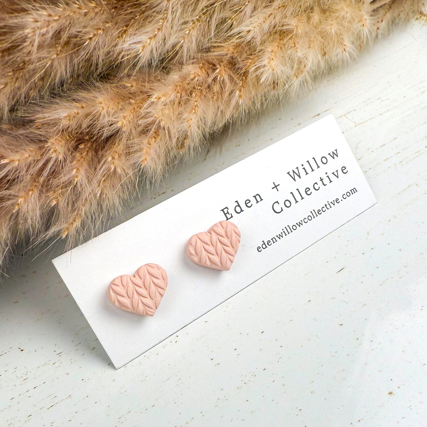 Pink Sweater Heart Stud Earrings – Handmade Polymer Clay Jewelry