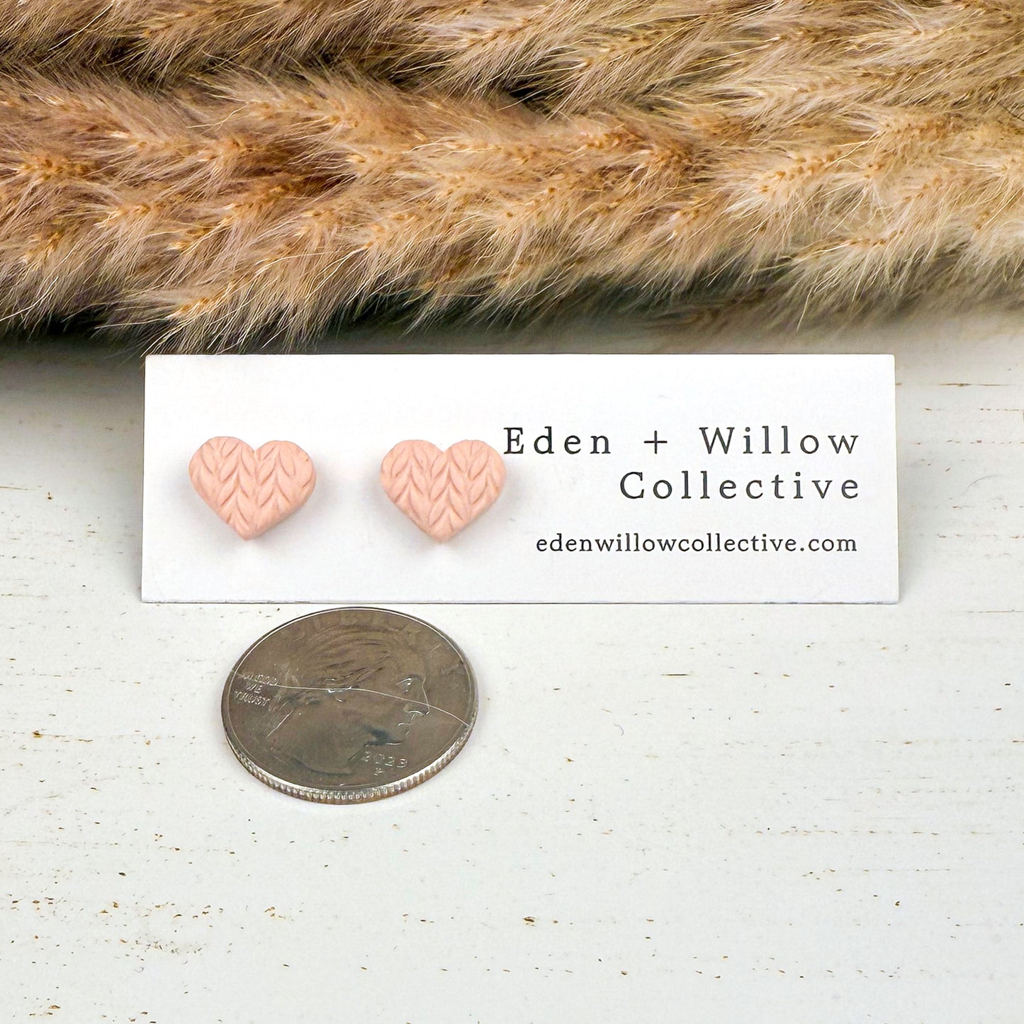 Pink Sweater Heart Stud Earrings – Handmade Polymer Clay Jewelry