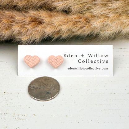 Pink Sweater Heart Stud Earrings – Handmade Polymer Clay Jewelry