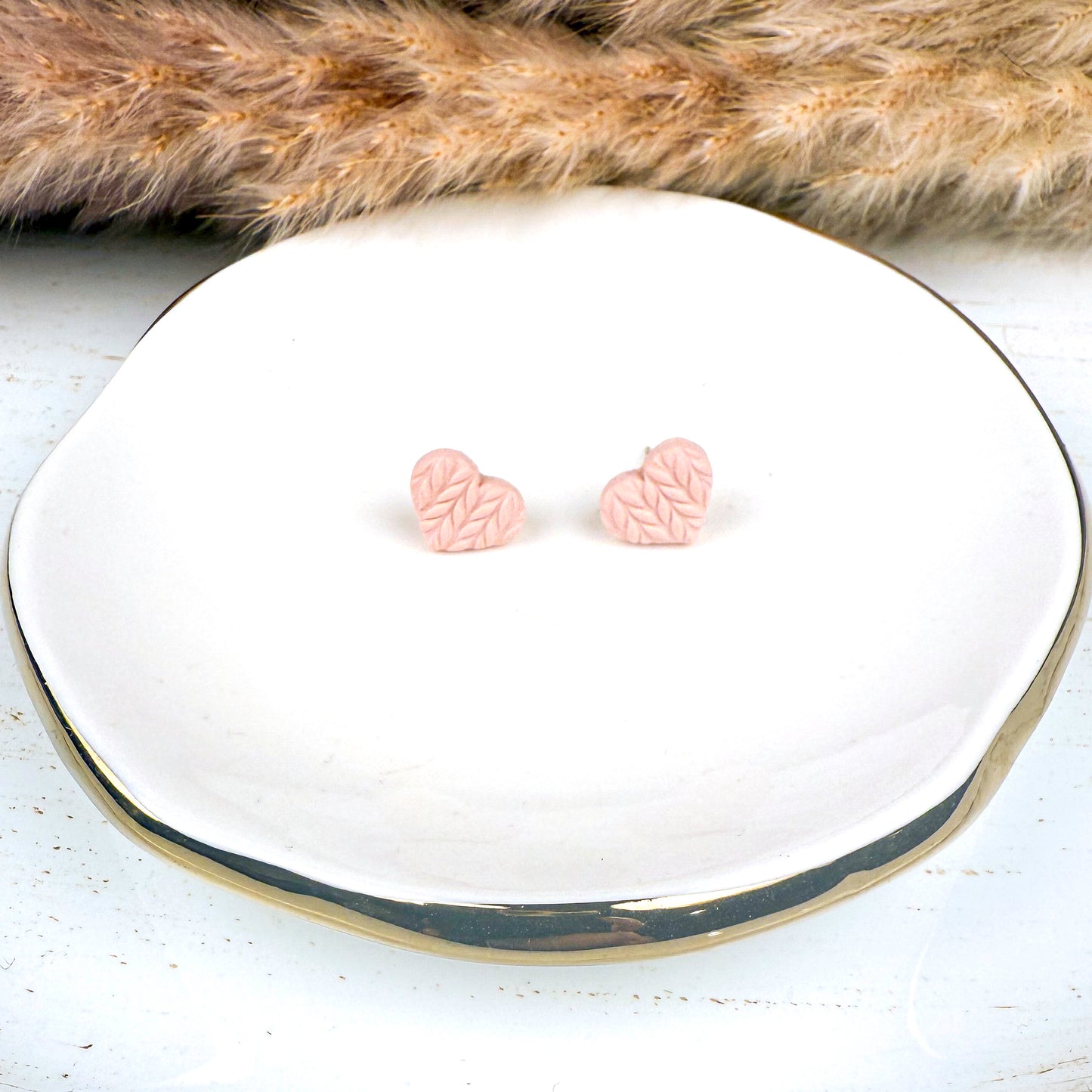 Pink Sweater Heart Stud Earrings – Handmade Polymer Clay Jewelry