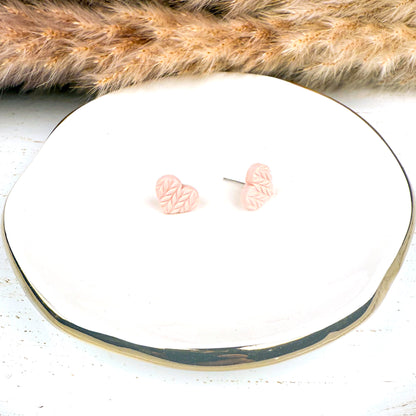 Pink Sweater Heart Stud Earrings – Handmade Polymer Clay Jewelry