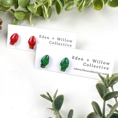 Red and Green Christmas Earrings - Festive Light Bulb Studs
